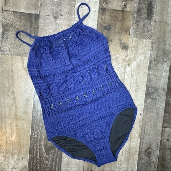 NWT Aqua Green High Neck Blue Crochet One Piece Swimsuit size Medium - Picture 16 of 16
